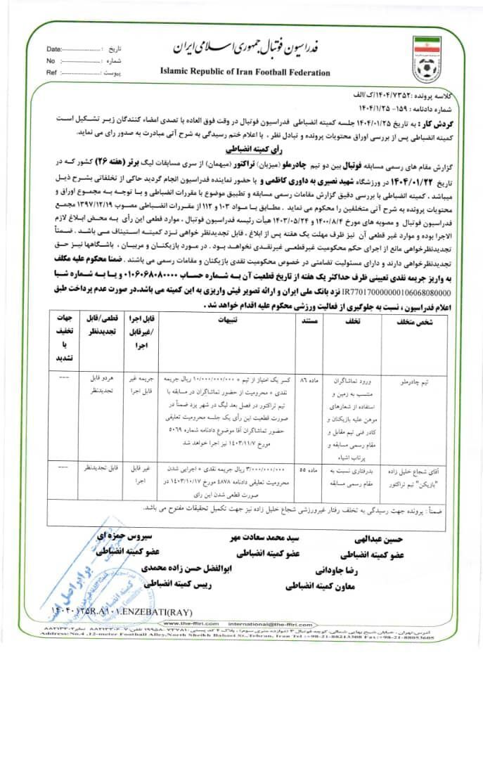 اعلام آراء انضباطی تیم های فوتبال تراکتور و استقلال ، خلیل زاده و خداداد عزیزی