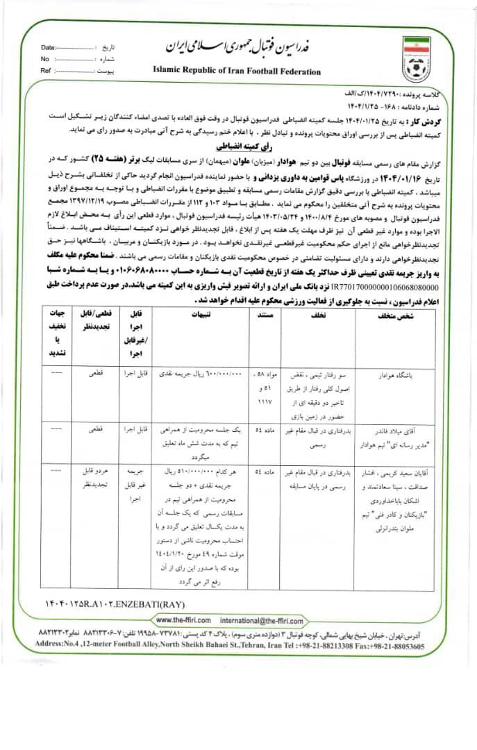 اعلام آراء انضباطی تیم های فوتبال تراکتور و استقلال ، خلیل زاده ، خووداد عزیز و پیروان