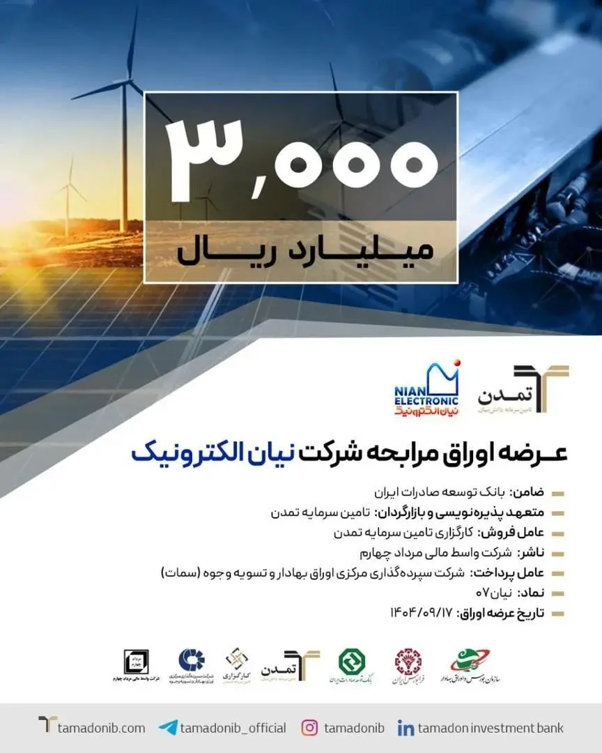 پذیره‌نویسی ۳ هزار میلیارد ریالی اوراق مرابحه «نیان» توسط تامین سرمایه تمدن