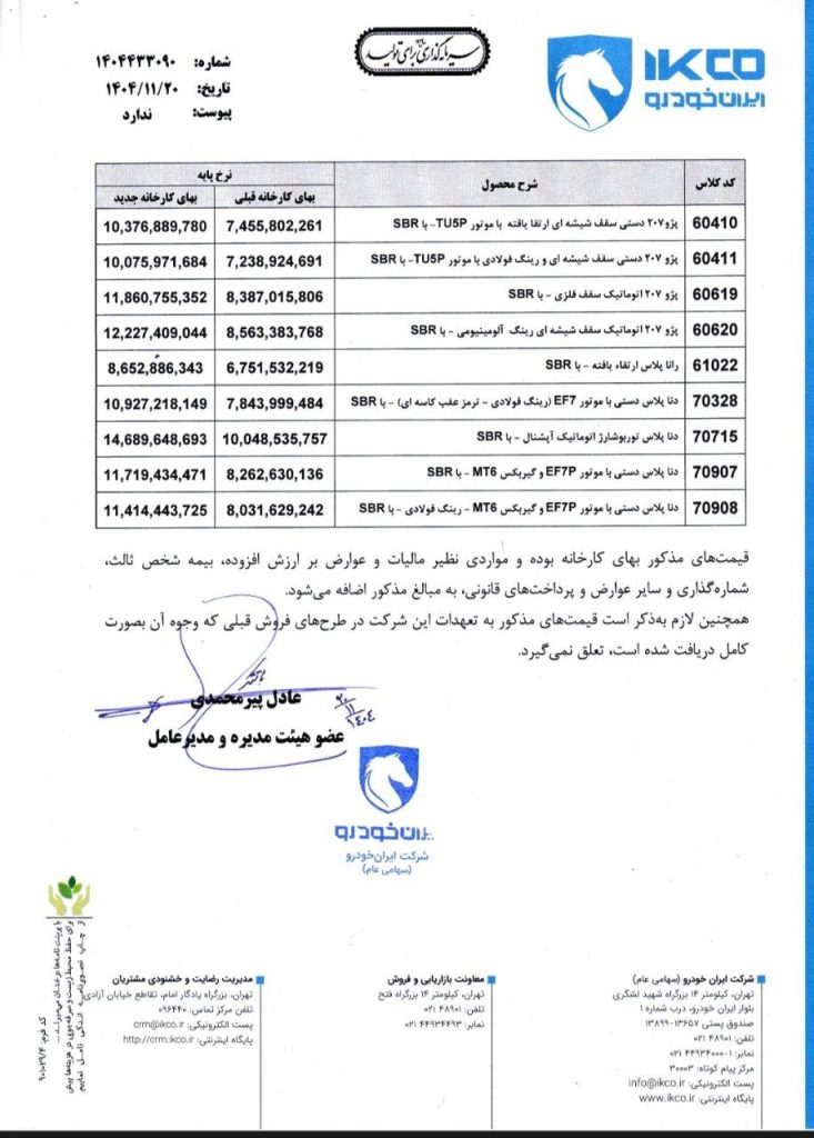 لیست قیمت نهایی کارخانه ای محصولات ویژه ایران خودرو بهمن 1404 توسط این شرکت اطلاع رسانی شد.