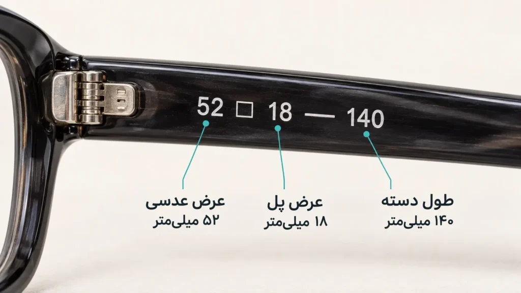 اعداد 52، 18 و 140 روی دسته عینک و معنی ابعاد فریم